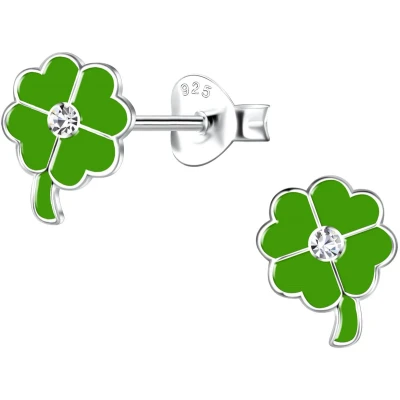 Afbeelding van JoyS Zilveren klaver oorbellen 6 x 8 mm groen klavertje vier oorknoppen kristal kinderoorbellen t47