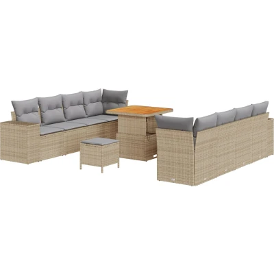 Afbeelding van vidaXL 11 delige Tuin Sofa Set met Kussens Beige Poly Rattan Acaciahout, 3 Eetset Acaciahout