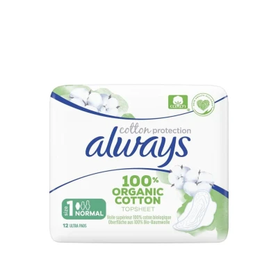 Afbeelding van 10x Always Cotton Protection Maandverband 100% Organic Topsheet Size1 Normal with Wings 12 Stuks