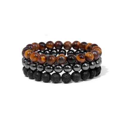 Afbeelding van Bixorp Gems Tijgeroog + Hematiet Lavasteen Edelstenen Armbanden Set Edelsteen Kralenarmband