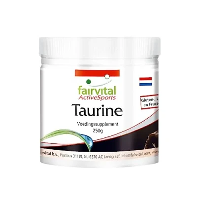 Afbeelding van fairvital Taurine 250 g poeder Extra hoge dosering Met thiamine en pantotheenzuur Puur, zonder toevoegingen 100% veganistisch Voor 4,5 maanden Op kwaliteit getest Made in Germany