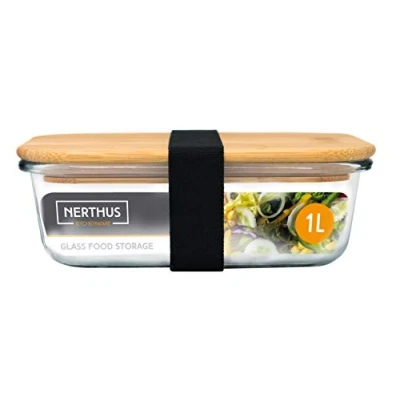 Afbeelding van NERTHUS Vershouddoos van glas met bamboedeksel, 1000 ml, borosilicaat
