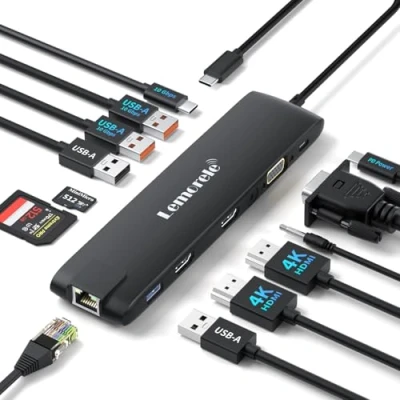 Afbeelding van Verbeterde 2025 Lemorele Docking Station USB C 3*Display 13 in 1: 2 HDMI 4K, Ethernet, 5 3.2/2.0, VGA, 3.2USB 10Gbps, PD 100W, Audio, SD/TF, Hub C/Docking voor MacBook/Windows
