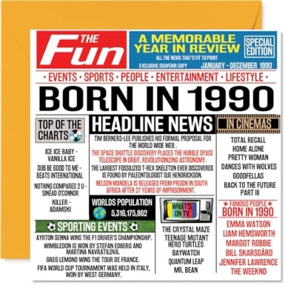 Afbeelding van 34e verjaardagskaarten voor mannen vrouwen geboren in 1990 krant Happy 34 verjaardagskaart broer zus vrienden vintage retro terug 1990, 145 mm x vierendertig vierendertigste