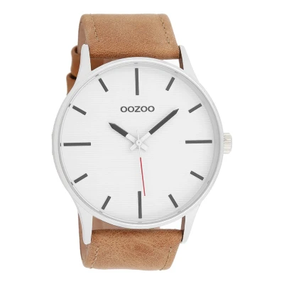 Afbeelding van OOZOO Timepieces Zilverkleurige horloge met bruine leren band C8550