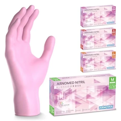 Afbeelding van ARNOMED wegwerphandschoenen roze, nitril handschoenen M, met 100 stuks per doos, poedervrij. Latexvrije rubber handschoenen, verkrijgbaar in XS, S, L