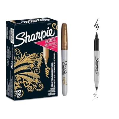 Afbeelding van Sharpie Metallic Permanente Markers Goud Fijne Punt 12 Count + 1 Twin Tip Zwart