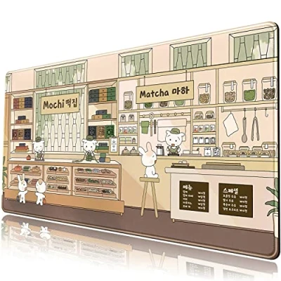 Afbeelding van Kawaii leuke bureaumat, beige, Japanse anime, grote muismat, XXL, verlengde gamingmuismat, toetsenbord, bureauonderlegger, schattig bureau accessoires voor computer, laptop, 31,5 x 15,7 inch,