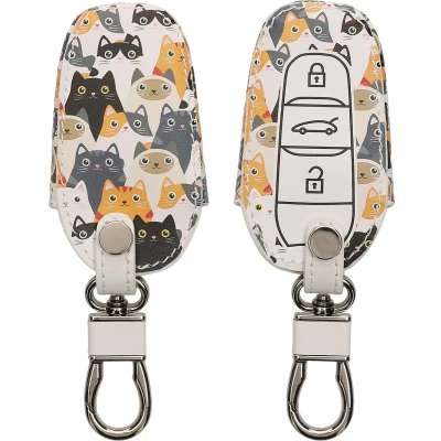 Afbeelding van kwmobile Autosleutel hoesje geschikt voor Peugeot Citroen 3 knops Smartkey (alleen Keyless Go) behuizing Case in oranje / zwart wit Katten design