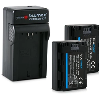 Afbeelding van Blumax 2X batterij voor Sony NP FZ100 1600mAh oplader geschikt Alpha 7 III/Alpha 7R 9 incl. autolaadkabel