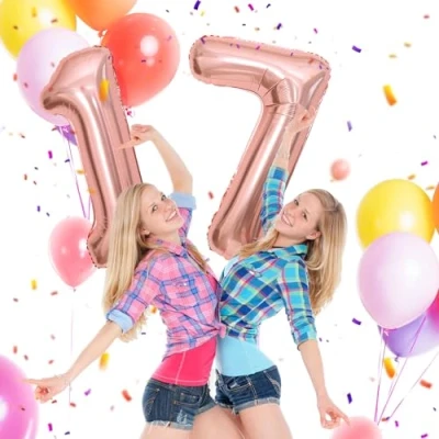 Afbeelding van Verjaardagsballonnen 17 roségoud 100 cm ballon cijfer nummer Happy Birthday decoratie ballonnen verjaardag vliegt dankzij helium