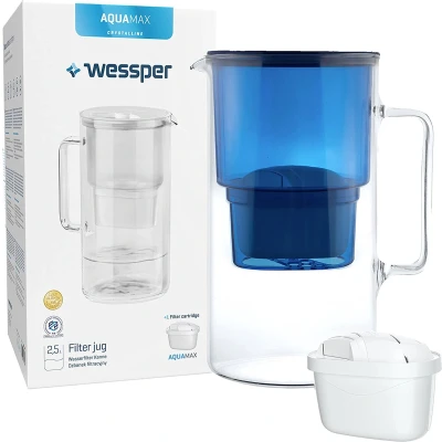 Afbeelding van Glazen 2,5L waterfilterkan karaf compatibel met Brita MAXTRA+ waterfilter patronen incl. 1 filterpatroon waterkan Kleur blauw