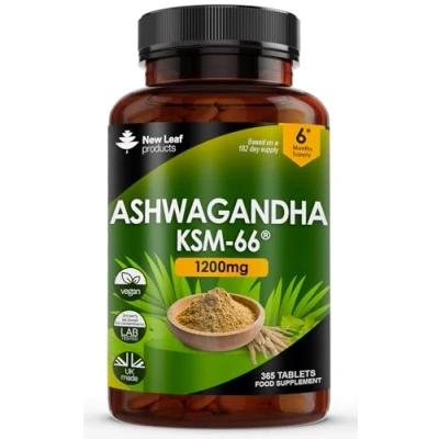 Afbeelding van New Leaf ashwagandha 1200 mg 365 veganistische ginseng wortel tabletten (niet capsules) puur aswagandha extract voor 6 maanden Ayurvedisch vrij van genetische manipulatie en uit