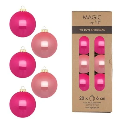Afbeelding van kerstballen, glas, 6 cm, 20 stuks, mat en glanzend, kerstboomversiering kerstboomversiering, roze mix, Candy Shop