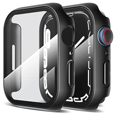 Afbeelding van LK 2 stuks harde pc hoes met schermbeschermer van gehard glas, compatibel Apple Watch Series 9/8/7 45 mm, aanraakgevoelig, HD ultradunne volledige beschermhoes voor iWatch zwart