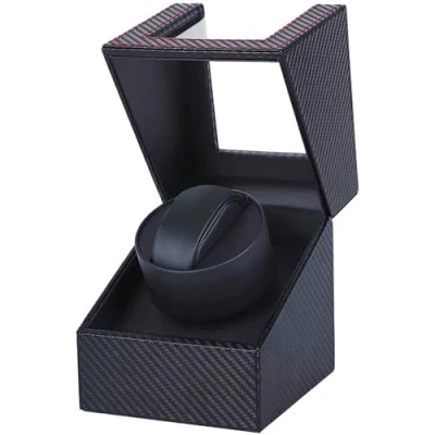 Afbeelding van Automatische Uhrenbeweger Box Single PU Leder Uhrengehäuse mit leisem Motor Batteriebetrieb oder Netzteil für Automatikuhren (Faser aus Kohlenstoff DGW)