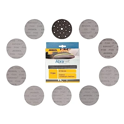 Afbeelding van Mirka Abranet Net Schuurschijf Ø 150 mm Grip/Mix pack 1 stuk van elke korrel 80, 100, 120, 150, 180, 220, 320, 400, 600 + Pad Saver / 10 stuks/voor elektrische excenterschuurmachines