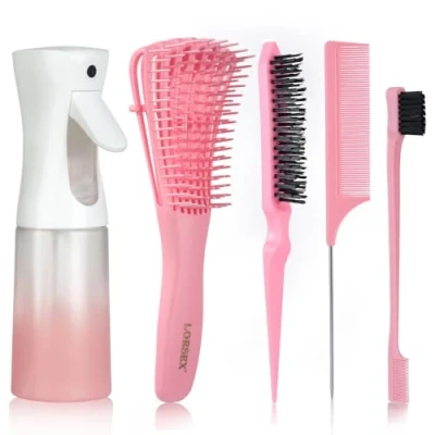 Afbeelding van LORSEX Haarborstel met 200 ml haarspuitfles, ontwarringsborstel voor natuurlijk haar afrohaar, 3A tot 4c, verward, golvend, krullend haar, 3 stuks toupier borstelset, dubbele borstel (roze)