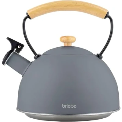 Afbeelding van briebe Nordic Waterketel Inductie, Fluitketel 2,3 L, Roestvrijstalen, Houten Handvat Cool Touch Theepot Keuken, Glaskeramische kookplaat, Gas, Elektrische Vintage Teapot, Grijs