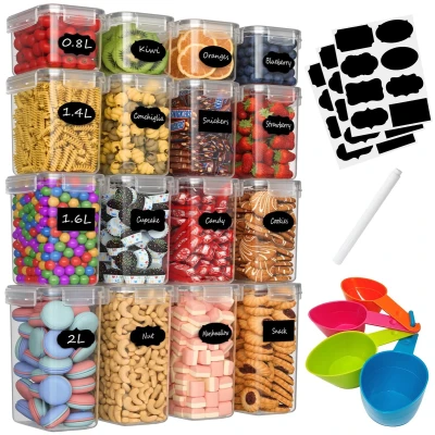 Afbeelding van Withosent Voorraaddozen, luchtdicht, set van 16, opbergdoos voor keuken met deksel plastic, voorraaddoos, organizer meel, muesli, cornflakes (2 l, 1,6 1,4 0,8 l)