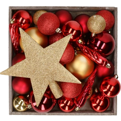 Afbeelding van Bellatio decorations set 33x stuks kunststof kerstballen en ster piek rood/goud Kerstbal