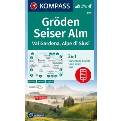 Afbeelding van KOMPASS Wanderkarte 076 Gröden, Seiser Alm / Val Gardena, Alpe di Siusi 1:25.000: 4in1 mit Aktiv Guide und Detailkarten inklusive Karte ... Fahrradfahren. Skitouren. Langlaufen.