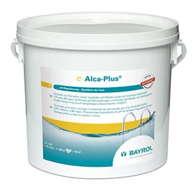 Afbeelding van BAYROL e Alca Plus granulaat ter correctie van een instabiele pH waarde door lage alkaliniteit emmer bevat doseerbekers en plastic zakken met veiligheidssluiting 5 kg