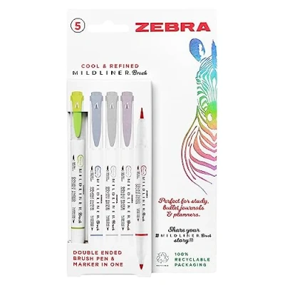 Afbeelding van Zebra Pen Mildliner Double Ended Penseel, Borstel en Super Fine Point Tips, Verschillende Cool Verfijnde Inktkleuren, 5 Pack