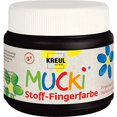 Afbeelding van Kreul 28106 Mucki heldere stof vingerverf, 150 ml in zwart, op waterbasis, parabenvrij, glutenvrij, lactosevrij en veganistisch, optimaal voor gebruik met vingers handen