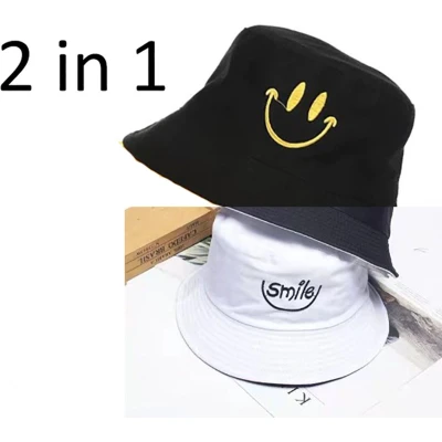 Afbeelding van Reversible bucket hat vissershoedje zonnehoed smiley zwart/wit omkeerbaar Gele
