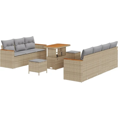 Afbeelding van vidaXL 10 delige Tuin Sofa Set met Kussens Beige Poly Rattan Acacia, 3 Eet Acacia