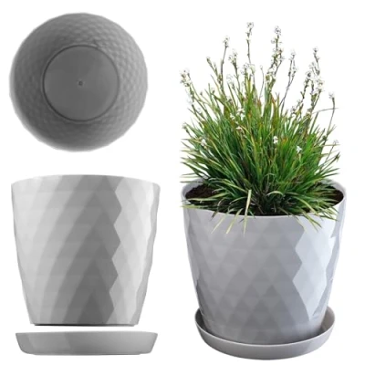 Afbeelding van KADAX Bloempot met Schotel, Plantenpot voor Bloemen, Planten, Kruidenplanten, binnen, Plantenbak van Kunststof, decoratieve Pot, Planter (12 cm, grijs)