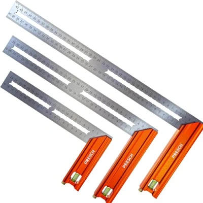 Afbeelding van Presch Set van Winkelhaak met aanslag 200mm, 300mm &amp; 400mm Inclusief roestvrij stalen aftekenmaat (20cm, 30cm 40cm), waterpas markeernaald 90 45 Timmermanshoeks, Aanslaghoeks