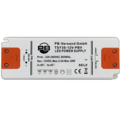 Afbeelding van 30 Watt LED lamp transformator 12V DC Ultra Slim (plat ontwerp) 1 voeding driver PB Versand®