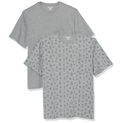 Afbeelding van Amazon Essentials Heren Regular Fit T shirt met korte mouwen en ronde hals, 2 stuks, grijs Heather/Cactus Print, XS