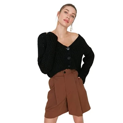Afbeelding van Trendyol Camel Zacht Getextureerd Crop Knoop Gedetailleerd Gebreide Vest