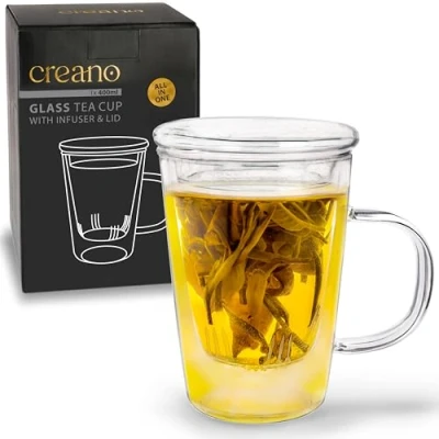 Afbeelding van Creano Theeglas 400 ml grote theekop met zeef en deksel van glas een ideale theemaker