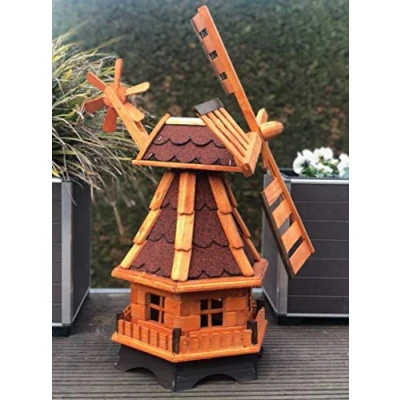 Afbeelding van DARLUX Decoratieve handgemaakte tuinwindmolen van hout met kogellagers, geïmpregneerd in bruin, weerbestendig, windmolen achter op het hoofd, maten (rood, L)