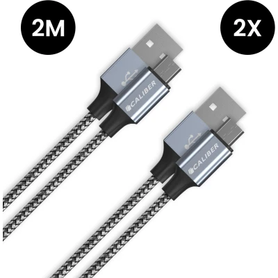 Afbeelding van Caliber 2 x USB C Kabel naar A meter stuks in verpakking Sterke Nylon oplaadkabel (CL UC2 2PACK)
