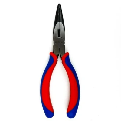 Afbeelding van INGDAUM® Punttang, halfronde tang, radiotang, ooievaarsbektang, 150 mm, met snijkant en tweecomponentengrepen rood blauw voor reparaties, montage, buigen snijden