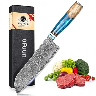 Afbeelding van oFuun Santoku Damascus Mes, Professioneel 67 Lagen Stalen Japans 17,5 cm Lemmet Keukenmessen, Ergonomisch Blauw Kunsthars Handvat