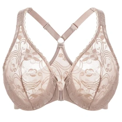Afbeelding van MELENECA Dames Plus Size Racerback Niet gevoerde Kant Ondersteunende Beha met Beugel en Voorsluiting Beige 95D