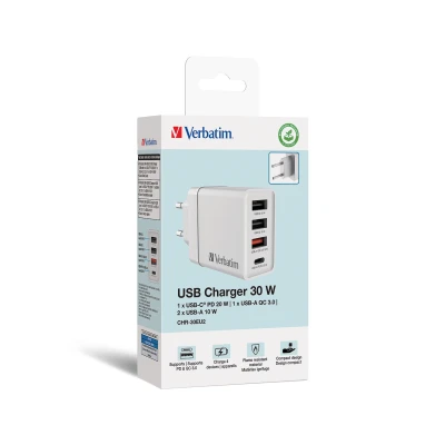 Afbeelding van Verbatim oplaadadapter, CHR 30EU2, 30W, GaN, wit 2x USB A, 1x A QC, C PD, detailhandel