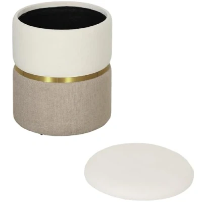 Afbeelding van HOMCOM Sitzhocker mit Stauraum Hocker Deckel, Metallring, zweifarbig Design Runder Fußhocker Polsterhocker, Chenille 36 x 44 cm Cremeweiß