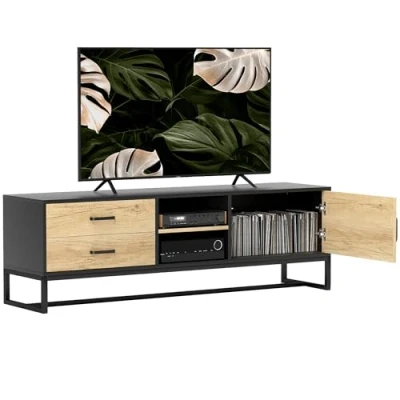 Afbeelding van HOMCOM tv kast van hout, bank voor tot 60 inch met kast, open vakken, 2 laden, verstelbare plank en kabeldoorvoer woonkamer, slaapkamer, natuurlijk hout
