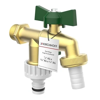 Afbeelding van KIRCHHOFF 99720224 Dubbele waterkraan, 1/2 inch x 3/4 inch, tuinkraan met 2 aansluitingen, weg buitenkraan voor tuinslang, aftapkraan kelder en tuin