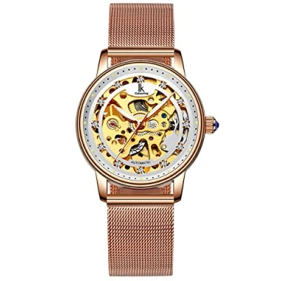 Afbeelding van Alienwork Automatisch Dameshorloge Rose Goud Mesh Armband Wit Skelet Glasbodem