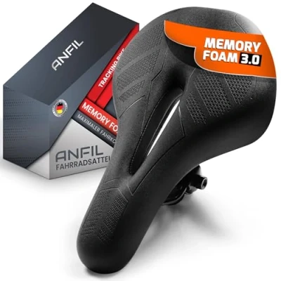 Afbeelding van ANFIL® Fietszadel, maximaal rijcomfort, ergonomisch fietszadel met Memory Foam 3.0, voor dames en heren, comfortabel zacht, geoptimaliseerde drukverdeling lange ritten, het origineel