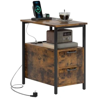 Afbeelding van HOMCOM Bijzettafel salontafel met oplaadstation, USB poorten en stopcontacten, nachtkastje 2 laden, rek voor woonkamer, slaapkamer, rustiek bruin