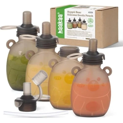 Afbeelding van haakaa Happii Bear siliconen goody zakje, herbruikbare babyvoeding zakjes voor zelfgemaakte biologische puree, sappen, smoothies en yoghurt perfect peuters kinderen 4 stuks, 6 oz